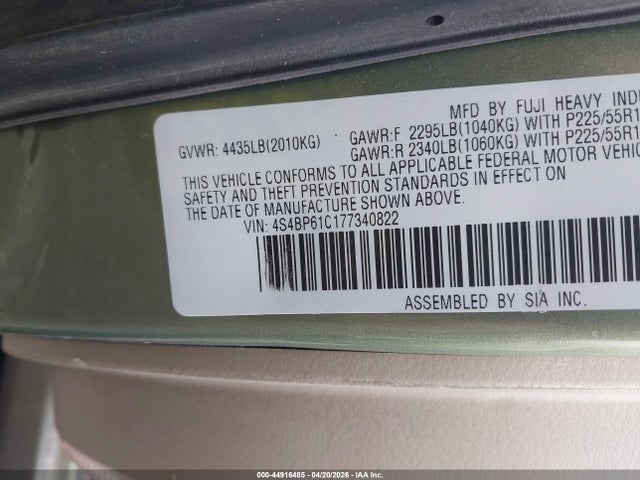 2007 Subaru Outback 2.5i მანქანა იყიდება აუქციონზე, vin: 4S4BP61C177340822, აუქციონის ნომერი: 44916485