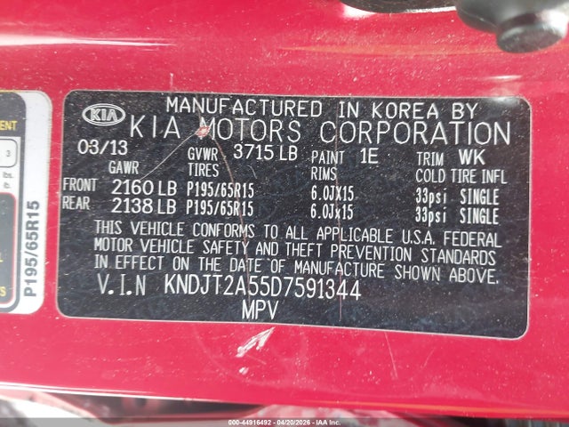44916492 :رقم المزاد ، KNDJT2A55D7591344 vin ، 2013 Kia Soul مزاد بيع