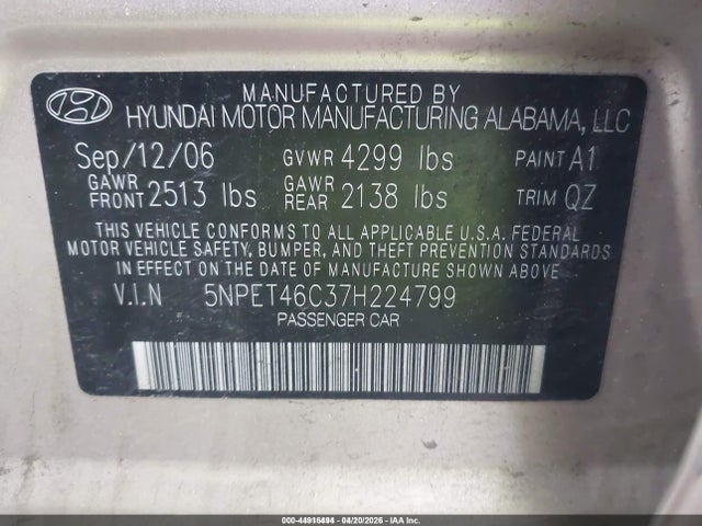 2007 Hyundai Sonata Gls მანქანა იყიდება აუქციონზე, vin: 5NPET46C37H224799, აუქციონის ნომერი: 44916494