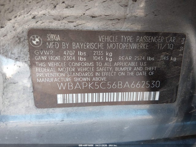 2011 Bmw 328i Xdrive მანქანა იყიდება აუქციონზე, vin: WBAPK5C56BA662530, აუქციონის ნომერი: 44916498
