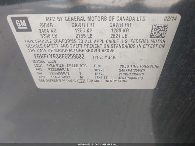 44916513 :رقم المزاد ، 2GKFLYE38E6258532 vin ، 2014 Gmc Terrain Slt-2 مزاد بيع
