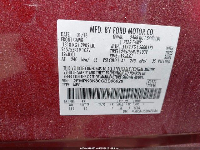 2016 Ford Edge Titanium მანქანა იყიდება აუქციონზე, vin: 2FMPK3K80GBB06028, აუქციონის ნომერი: 44916553