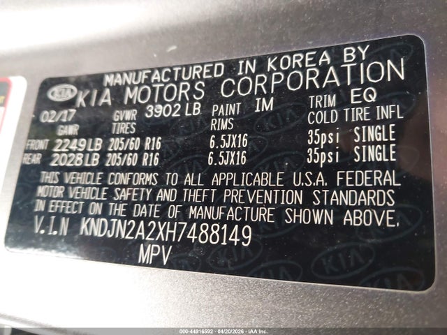 Aukcja sprzedaży 2017 Kia Soul, vin: KNDJN2A2XH7488149, numer aukcji: 44916592