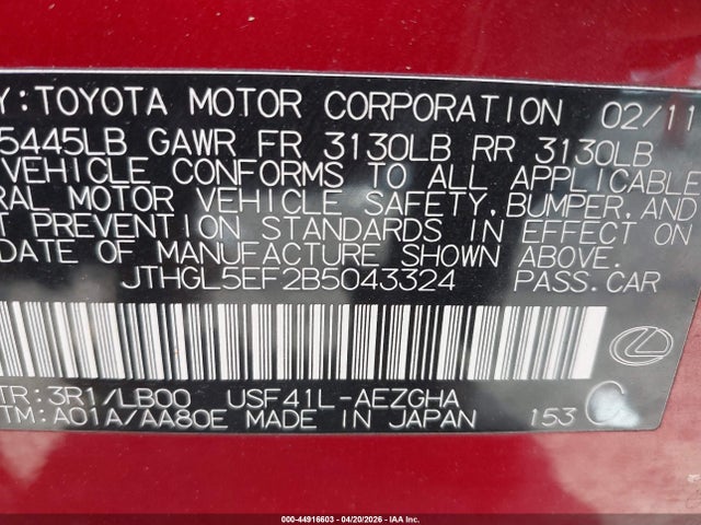 Продаж на аукціоні авто 2011 Lexus Ls 460 L, vin: JTHGL5EF2B5043324, номер лоту: 44916603