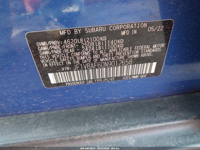 Продажа на аукционе авто 2022 Subaru Wrx Premium, vin: JF1VBAF60N9012658, номер лота: 44916614
