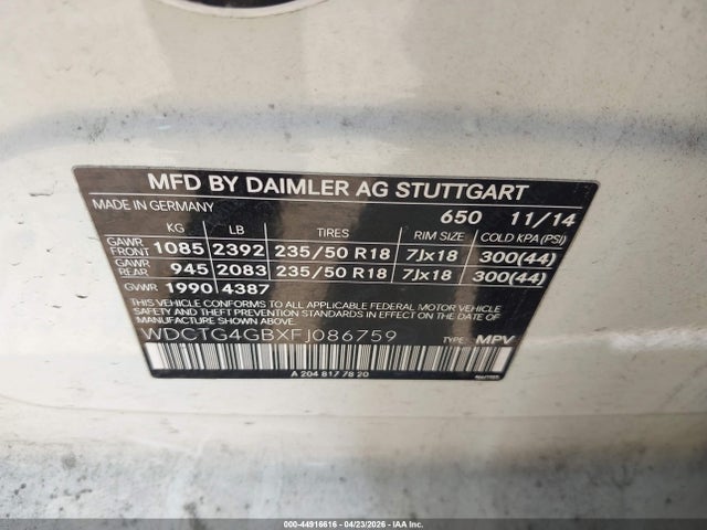 Продаж на аукціоні авто 2015 Mercedes-benz Gla 250 4matic, vin: WDCTG4GBXFJ086759, номер лоту: 44916616