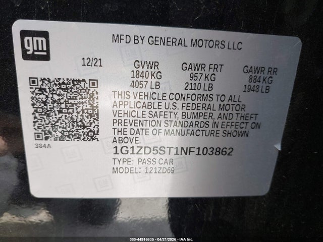 Auction sale of the 2022 Chevrolet Malibu Fwd Lt, vin: 1G1ZD5ST1NF103862, lot number: 44916635