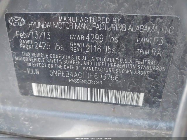 44916641 :رقم المزاد ، 5NPEB4AC1DH693766 vin ، 2013 Hyundai Sonata Gls مزاد بيع