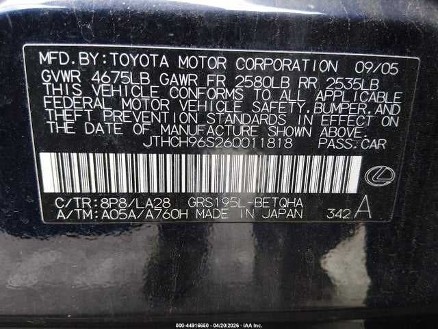 Aukcja sprzedaży 2006 Lexus Gs 300, vin: JTHCH96S260011818, numer aukcji: 44916650