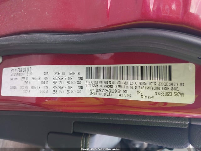 2016 Jeep Cherokee Latitude მანქანა იყიდება აუქციონზე, vin: 1C4PJMCS4GW119452, აუქციონის ნომერი: 44916657