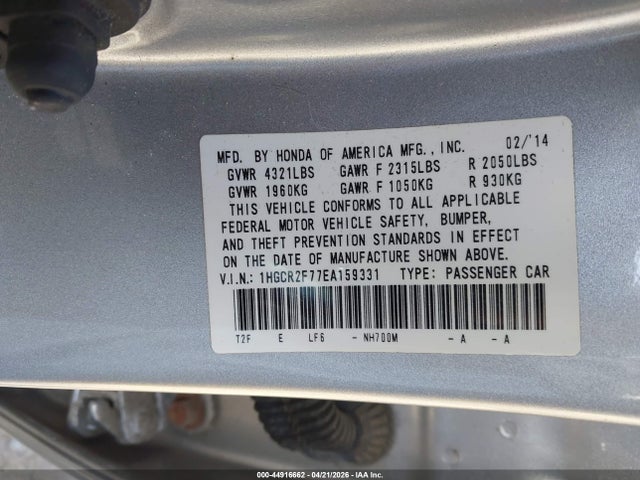 44916662 :رقم المزاد ، 1HGCR2F77EA159331 vin ، 2014 Honda Accord Ex مزاد بيع
