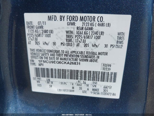 Aukcja sprzedaży 2012 Ford Escape Limited, vin: 1FMCU9EG6CKA26831, numer aukcji: 44916664