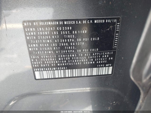 44916666 :رقم المزاد ، 3VV3B7AX8JM183451 vin ، 2018 Volkswagen Tiguan 2.0t Se/2.0t Sel مزاد بيع