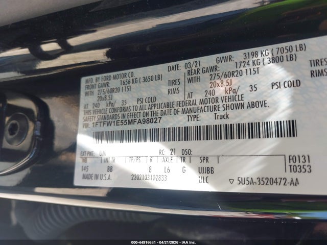 Aukcja sprzedaży 2021 Ford F-150 Platinum, vin: 1FTFW1E55MFA98027, numer aukcji: 44916681