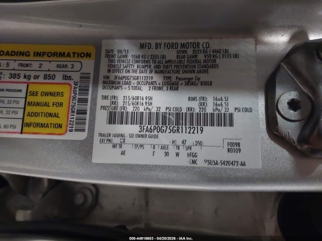 44916683 :رقم المزاد ، 3FA6P0G75GR112219 vin ، 2016 Ford Fusion S مزاد بيع
