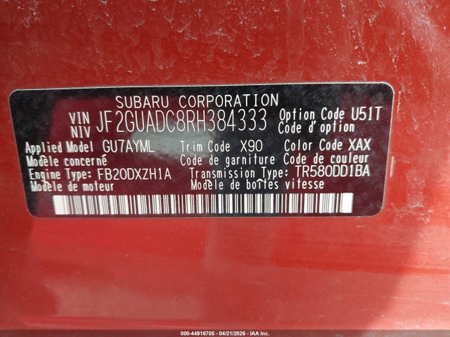 2024 Subaru Crosstrek Premium მანქანა იყიდება აუქციონზე, vin: JF2GUADC8RH384333, აუქციონის ნომერი: 44916705