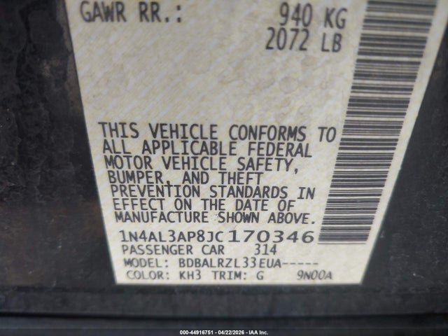 2018 Nissan Altima 2.5 Sl მანქანა იყიდება აუქციონზე, vin: 1N4AL3AP8JC170346, აუქციონის ნომერი: 44916751