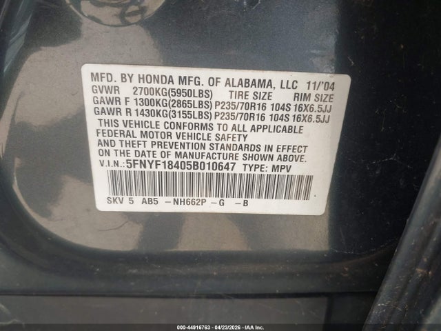 2005 Honda Pilot Ex მანქანა იყიდება აუქციონზე, vin: 5FNYF18405B010647, აუქციონის ნომერი: 44916763