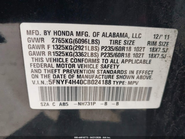 44916773 :رقم المزاد ، 5FNYF4H40CB024188 vin ، 2012 Honda Pilot Ex مزاد بيع