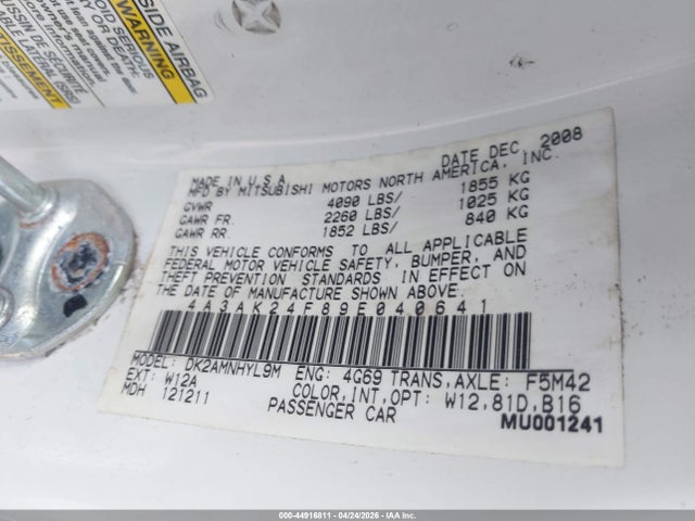 Aukcja sprzedaży 2009 Mitsubishi Eclipse Gs, vin: 4A3AK24F89E040641, numer aukcji: 44916811