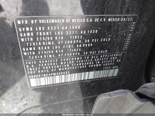 Auction sale of the 2023 Volkswagen Taos 1.5t Se, vin: 3VVEX7B24PM309553, lot number: 44916835