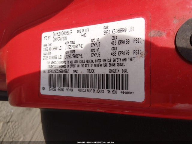 Aukcja sprzedaży 2003 Dodge Ram 2500 Slt/laramie/st, vin: 3D7KU28D53G860062, numer aukcji: 44916845