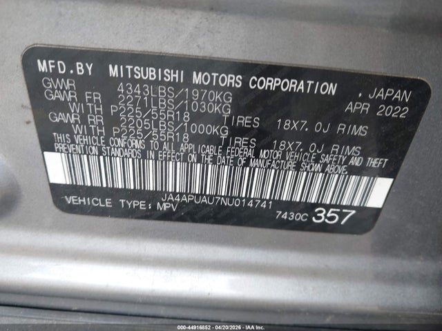 Aukcja sprzedaży 2022 Mitsubishi Outlander Sport 2.0 Be 2wd/2.0 Es 2wd/2.0 Le 2wd/2.0 S 2wd, vin: JA4APUAU7NU014741, numer aukcji: 44916852