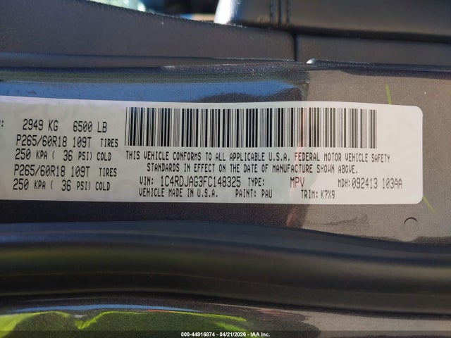 2015 Dodge Durango Sxt მანქანა იყიდება აუქციონზე, vin: 1C4RDJAG3FC148325, აუქციონის ნომერი: 44916874