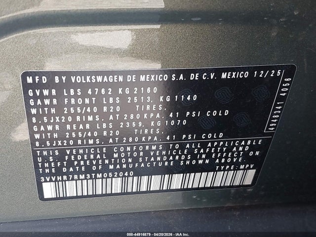 44916879 :رقم المزاد ، 3VVHR7RM3TM052040 vin ، 2026 Volkswagen Tiguan Se R-line Black مزاد بيع