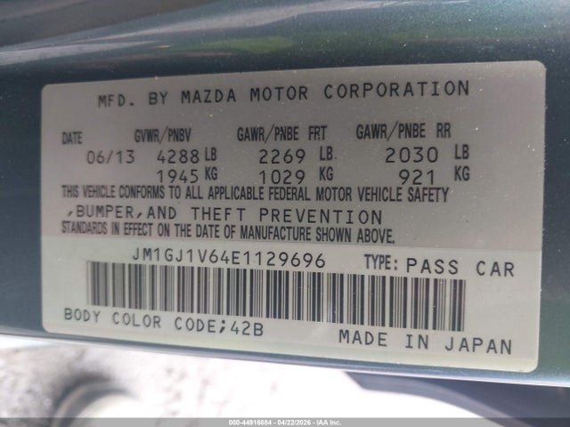 Продажа на аукционе авто 2014 Mazda Mazda6 I Touring, vin: JM1GJ1V64E1129696, номер лота: 44916884
