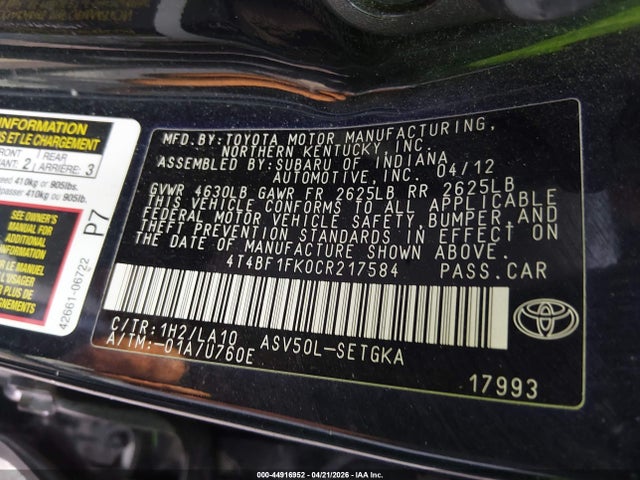 44916952 :رقم المزاد ، 4T4BF1FK0CR217584 vin ، 2012 Toyota Camry Xle مزاد بيع