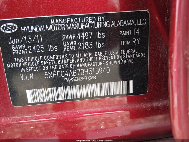 2011 Hyundai Sonata Se 2.0t მანქანა იყიდება აუქციონზე, vin: 5NPEC4AB7BH315940, აუქციონის ნომერი: 44917024