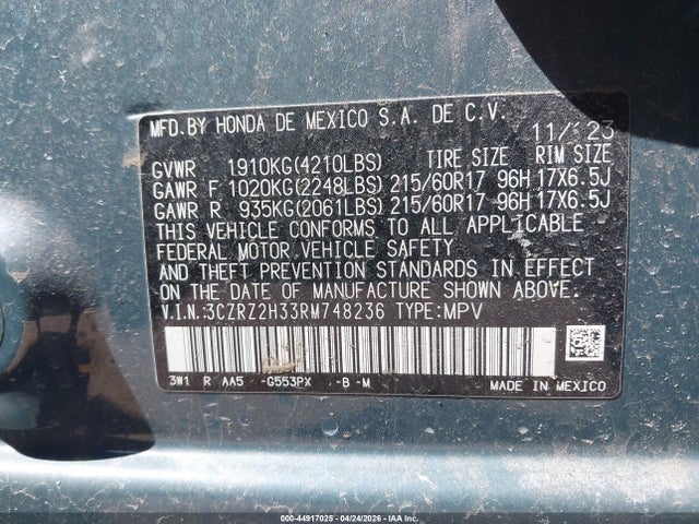3CZRZ2H33RM748236 Honda Hr-v Awd Lx