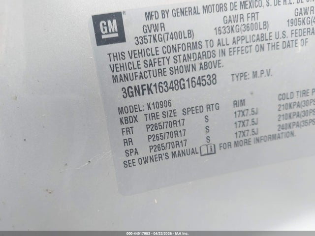 44917053 :رقم المزاد ، 3GNFK16348G164538 vin ، 2008 Chevrolet Suburban 1500 Lt مزاد بيع