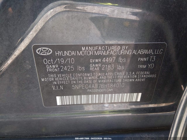 2011 Hyundai Sonata Limited 2.0t მანქანა იყიდება აუქციონზე, vin: 5NPEC4AB7BH184010, აუქციონის ნომერი: 44917066