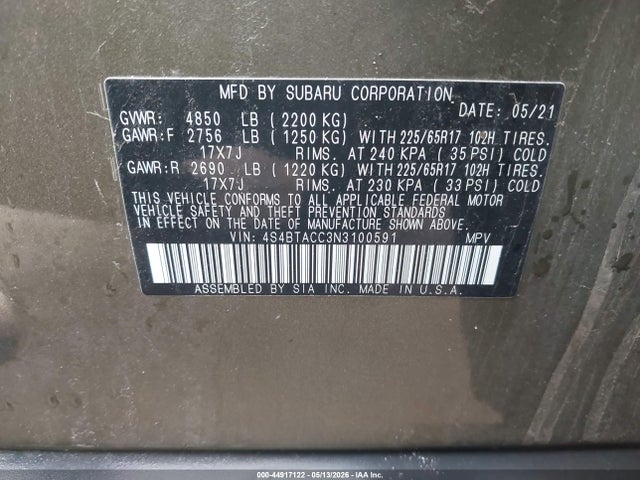Aukcja sprzedaży 2022 Subaru Outback Premium, vin: 4S4BTACC3N3100591, numer aukcji: 44917122