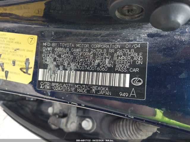 44917132 :رقم المزاد ، JTHBA30G740016060 vin ، 2004 Lexus Es 330 مزاد بيع