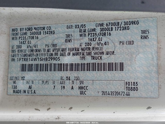 2005 Ford E-150 Commercial/recreational მანქანა იყიდება აუქციონზე, vin: 1FTRE14W15HB29905, აუქციონის ნომერი: 44917134