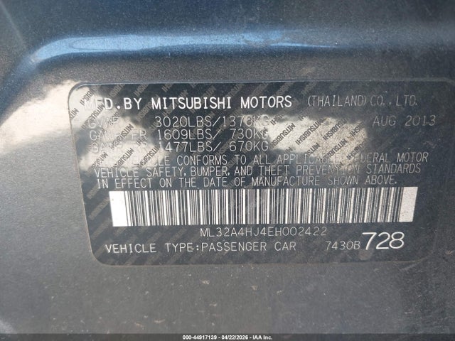 Продаж на аукціоні авто 2014 Mitsubishi Mirage Es, vin: ML32A4HJ4EH002422, номер лоту: 44917139