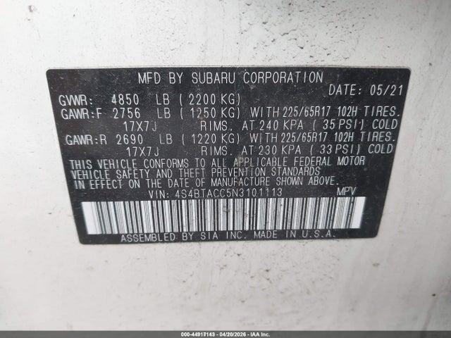 Aukcja sprzedaży 2022 Subaru Outback Premium, vin: 4S4BTACC5N3101113, numer aukcji: 44917143