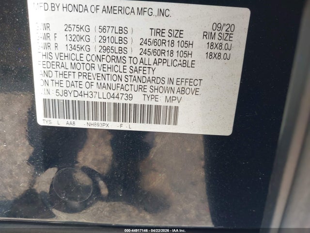 Aukcja sprzedaży 2020 Acura Mdx Standard, vin: 5J8YD4H37LL044739, numer aukcji: 44917146