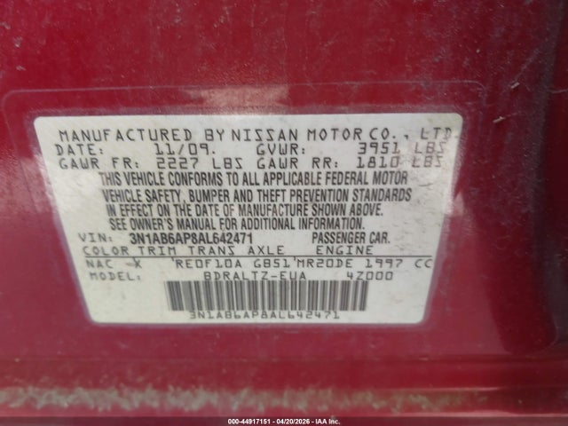 2010 Nissan Sentra 2.0s მანქანა იყიდება აუქციონზე, vin: 3N1AB6AP8AL642471, აუქციონის ნომერი: 44917151