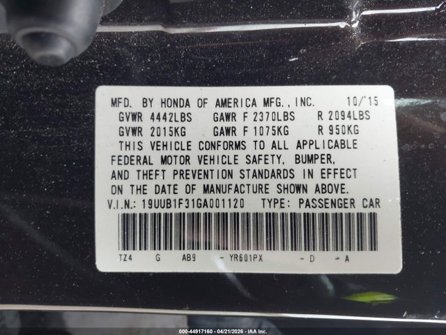 2016 Acura Tlx მანქანა იყიდება აუქციონზე, vin: 19UUB1F31GA001120, აუქციონის ნომერი: 44917160