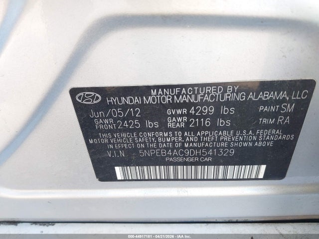 Aukcja sprzedaży 2013 Hyundai Sonata Gls, vin: 5NPEB4AC9DH541329, numer aukcji: 44917181