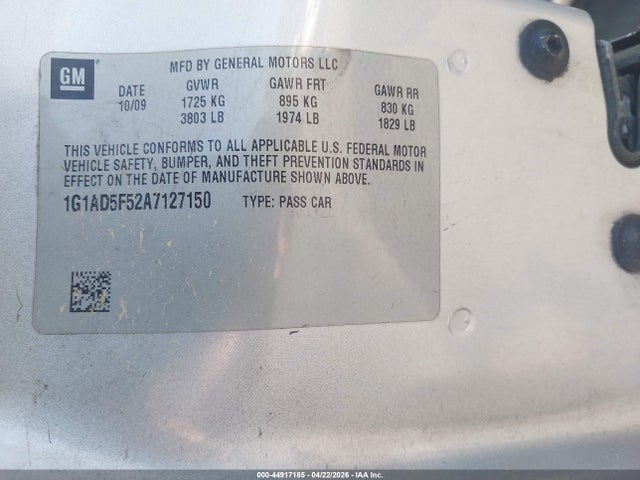 Aukcja sprzedaży 2010 Chevrolet Cobalt Lt, vin: 1G1AD5F52A7127150, numer aukcji: 44917185
