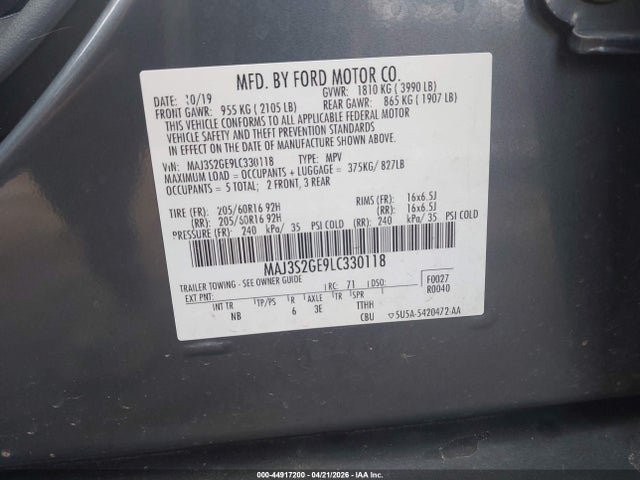 44917200 :رقم المزاد ، MAJ3S2GE9LC330118 vin ، 2020 Ford Ecosport Se مزاد بيع