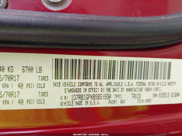 44917209 :رقم المزاد ، 1D7RB1GPXBS653930 vin ، 2011 Ram Ram 1500 St مزاد بيع