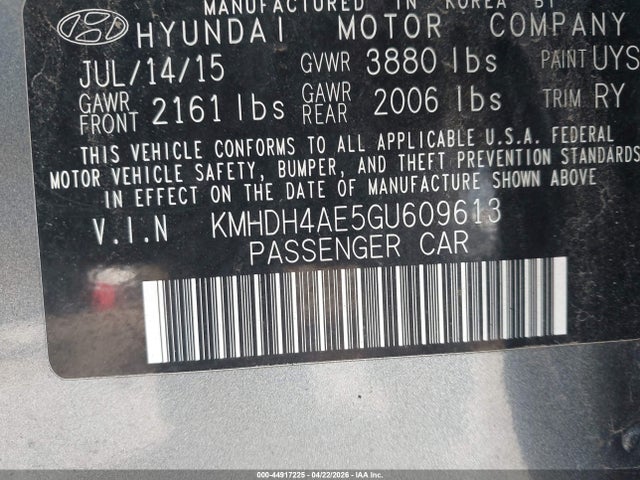 Aukcja sprzedaży 2016 Hyundai Elantra Value Edition, vin: KMHDH4AE5GU609613, numer aukcji: 44917225