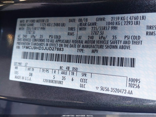 1FMCU9HD3JUD27883 Ford ESCAPE SEL