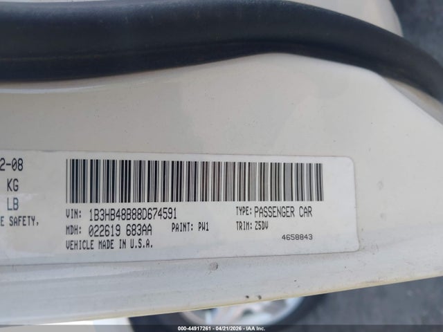 2008 Dodge Caliber Sxt მანქანა იყიდება აუქციონზე, vin: 1B3HB48B88D674591, აუქციონის ნომერი: 44917261
